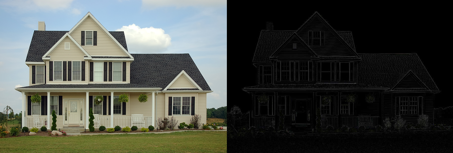 Edge detection convolution on a photo of a house.